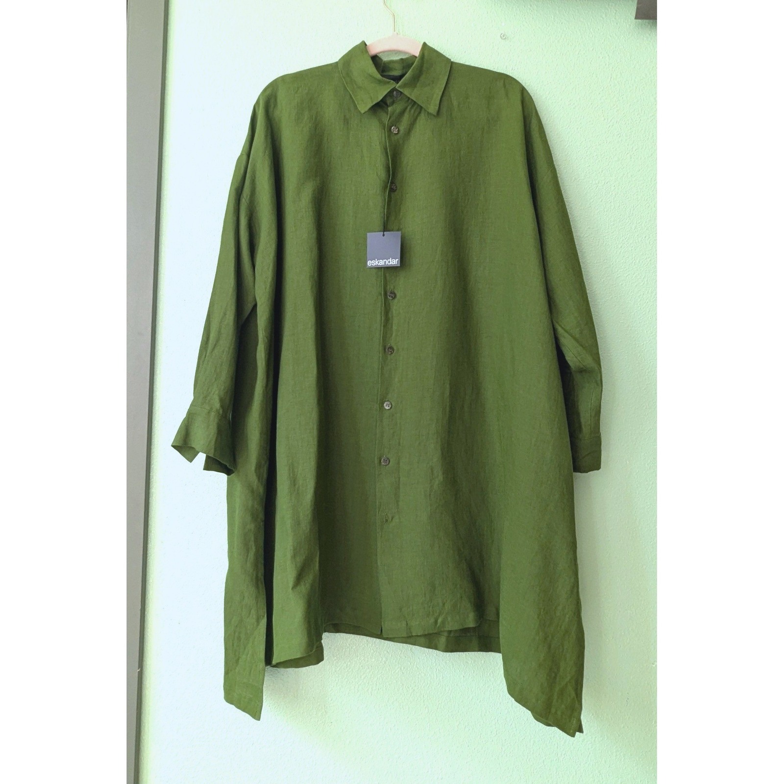 Nwt Eskandar Italian Linen Wide A-Line Shirt Tunic Dress Dark Green Long Slits